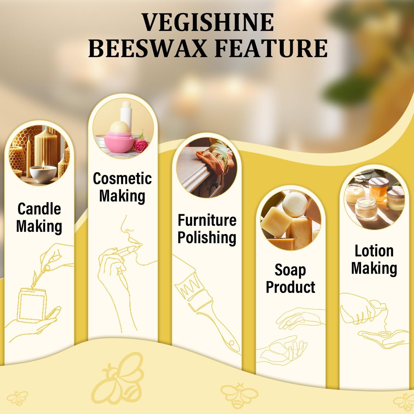 Beeswax pellets 200G/5LB/10LB/20LB, VEGISHINE Pure and Natural Yellow Beeswax for DIY Skin Care, Lip Balm, Polishing, Lotion, Soap, Candle Making Supplies