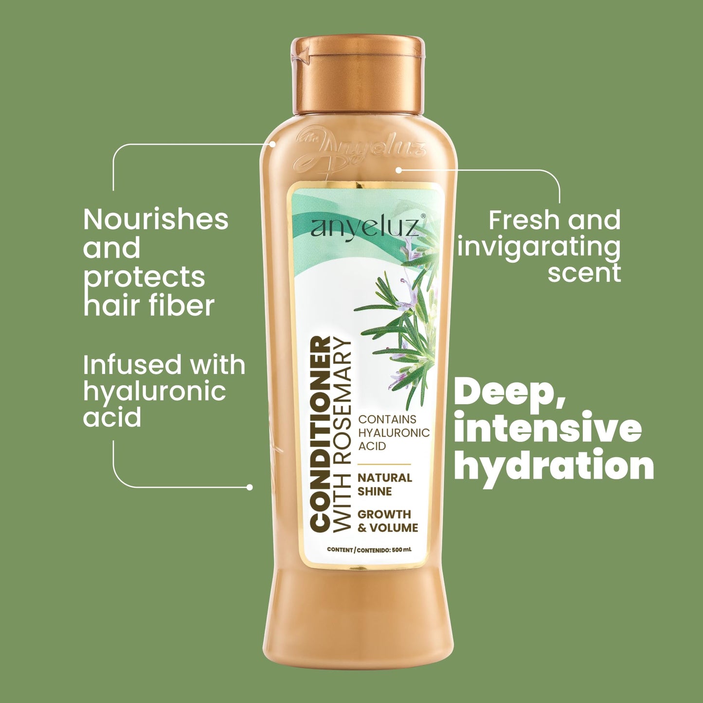 ANYELUZ Hair Conditioner with Rosemary and Hyaluronic Acid – Strengthens, Shines, and Smooths, Ideal for All Hair Types, Enhances Manageability.