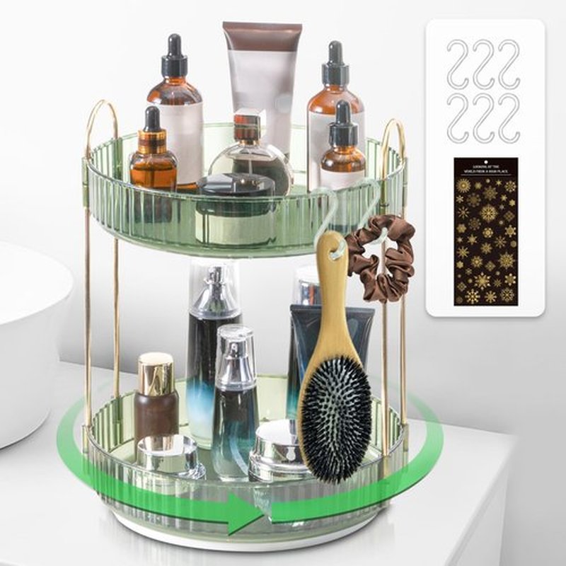 Megapuxin Makeup Organizer for Vanity,360° Rotating Large Skincare Make Up Storage Perfume Organizers Cosmetic Dresser Organizer Countertop Organizer with Extra Hooks DIY Stickers for Bathroom