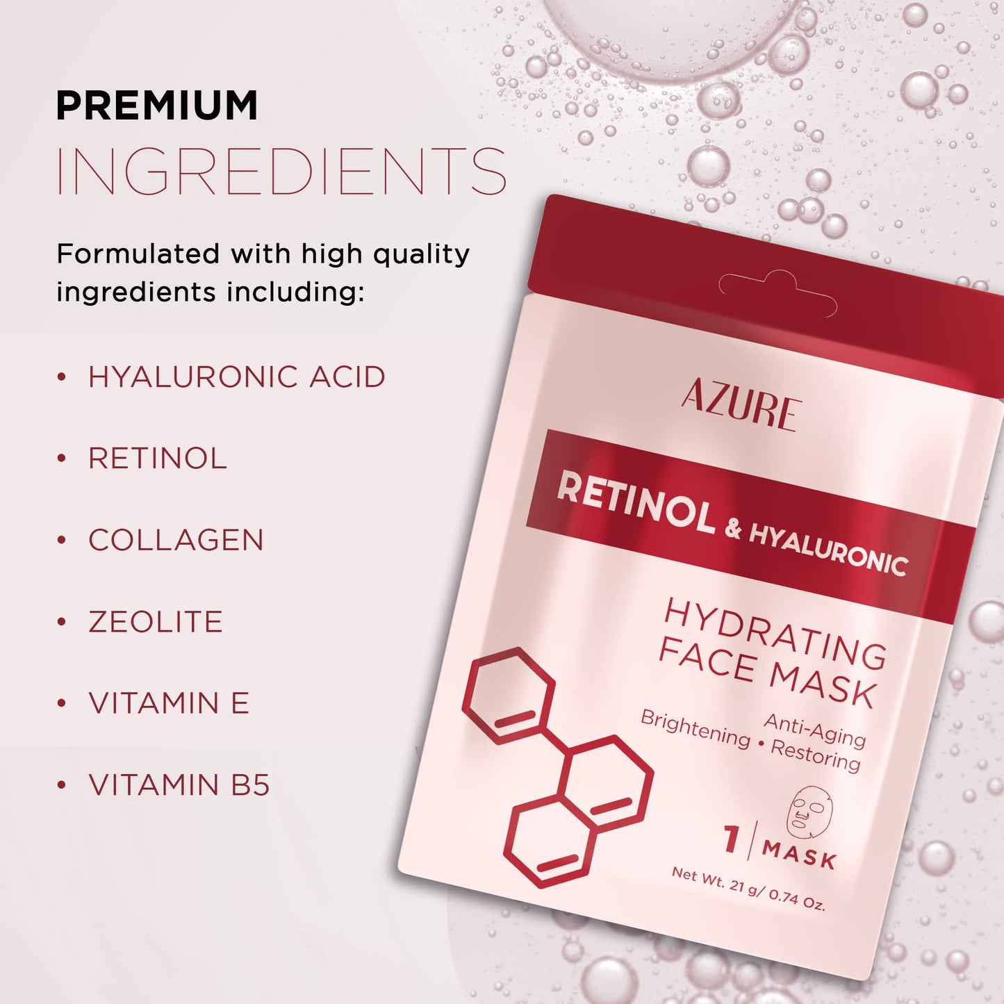 Azure Cosmetics Retinol & Hyaluronic Acid Anti Aging Facial Sheet - Rejuvenating & Hydrating Face Mask - Helps Reduce Fine Lines & Wrinkles, Smooths & Repairs - Made in Korea - Pack of 5