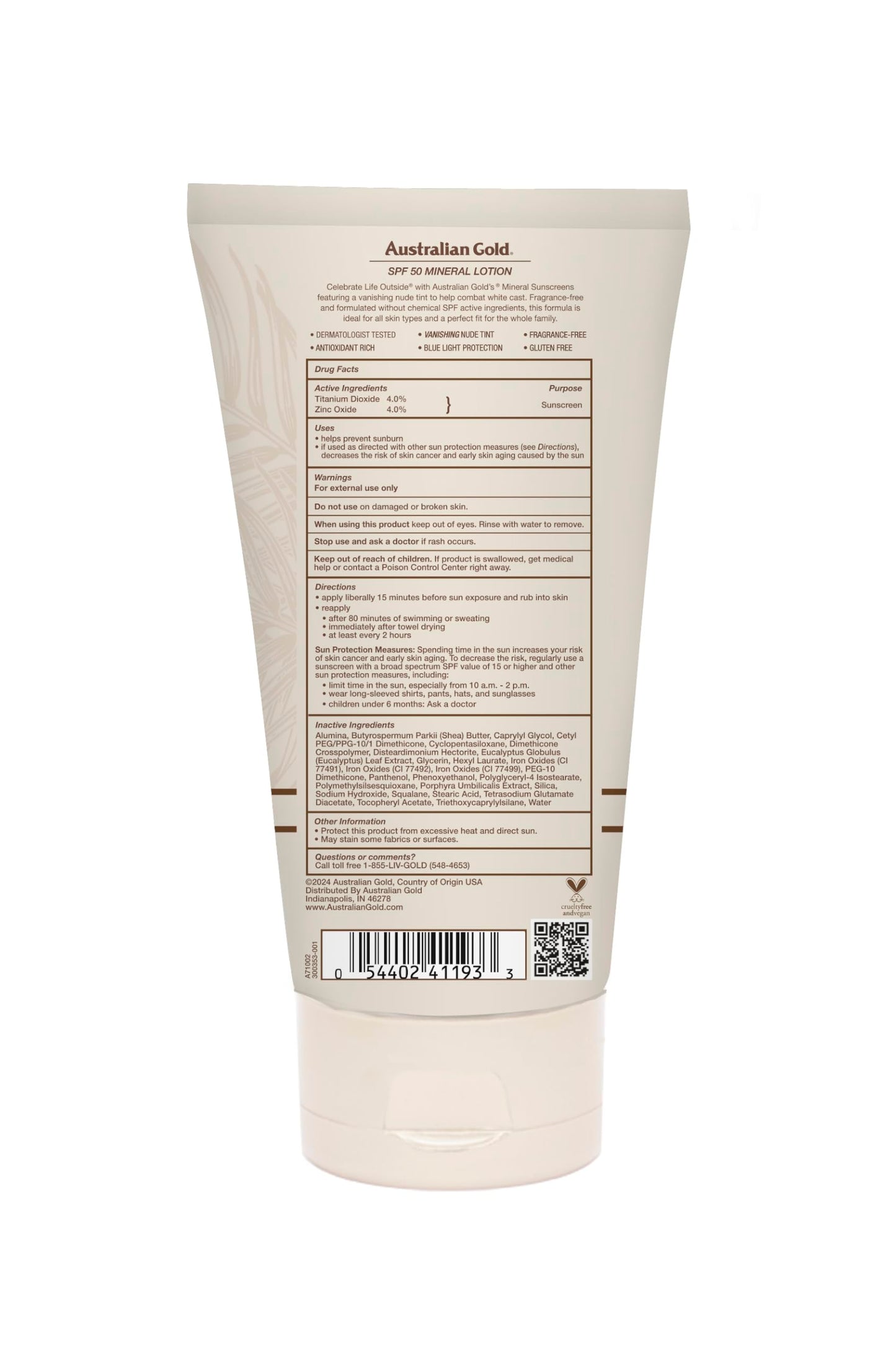 Australian Gold SPF 50 Mineral Sunscreen, 5 fl oz, Broad Spectrum Tinted Sunscreen, Gentle Protection for Every Shade, Vanishing Nude Tint, Blue Light Protection, Zinc Oxide 4% & Titanium Dioxide 4%