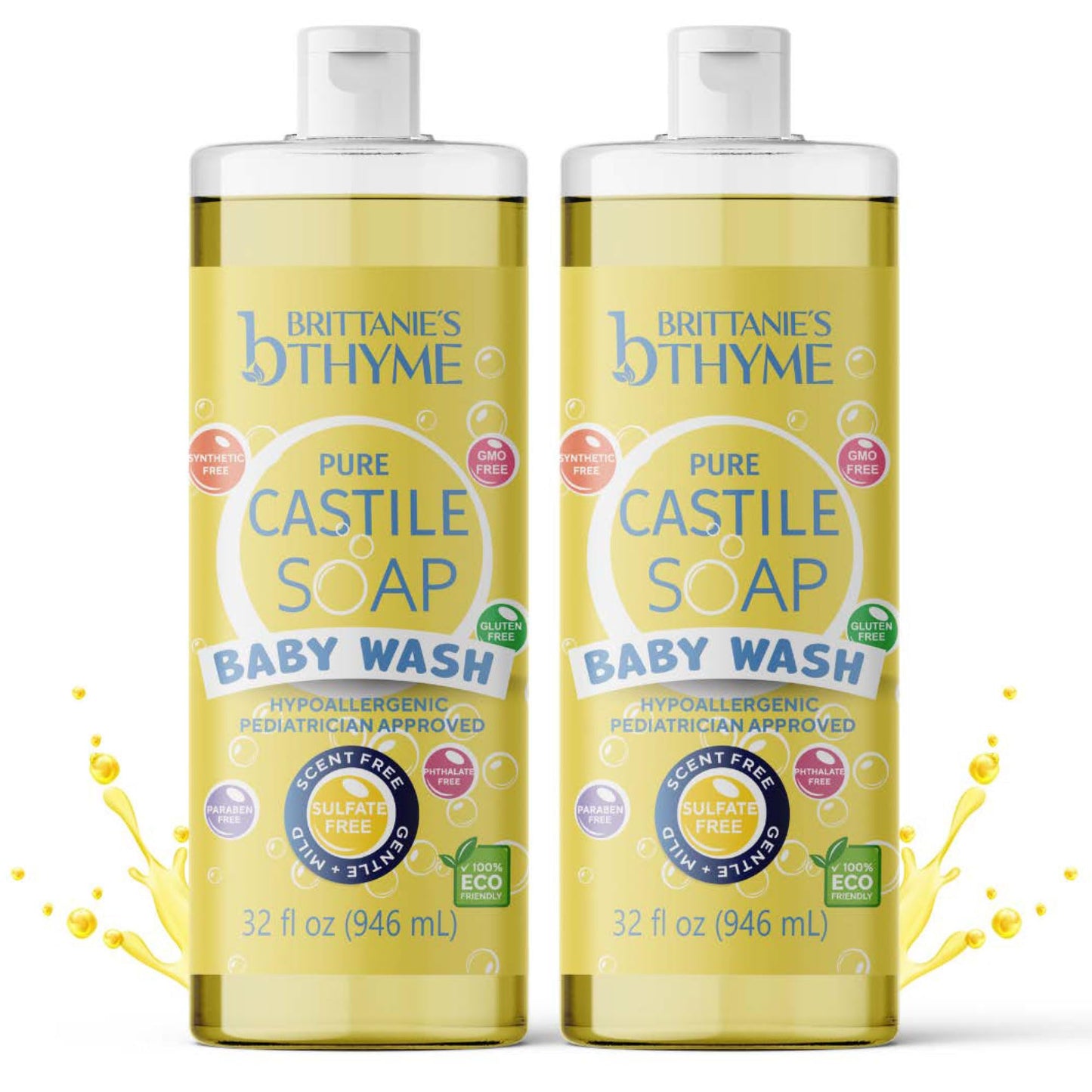 Brittanie’s Pure Castile Liquid Soap Refill, Baby, 32 Ounce Pack of 2 | Dish Soap, Hair & Body, Home, Gentle and Pure, Made with Natural Luxurious Oils, Vegan & Gluten Free Non-GMO
