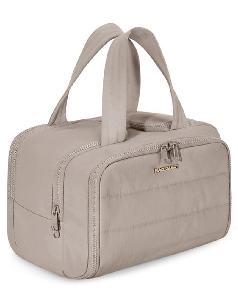 BAGSMART Travel Toiletry Bag, Lightweight Large Wide-open Travel Bag for Women, Puffy Cosmetic Makeup Bag Organizer with Handle for Accessories,Essentials, Toiletries, Grayish Brown