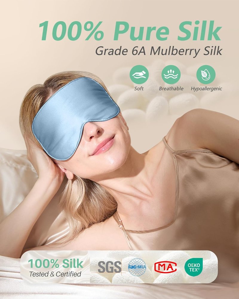 Real Mulberry Silk Sleep Masks - 2 Pack Adjustable Eye Masks | Block Light & Reduce Puffy Eyes (Black & Pastel Blue)