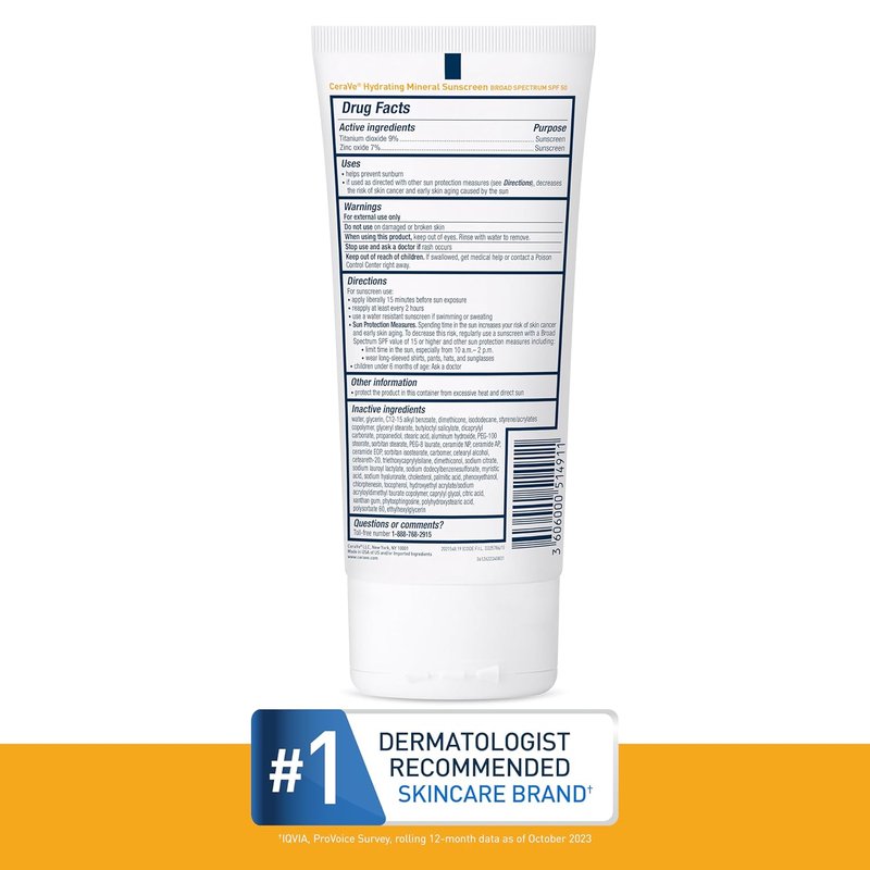 CeraVe 100% Mineral Sunscreen SPF 50 - Hydrating Zinc Oxide & Titanium Dioxide Formula | 5 oz