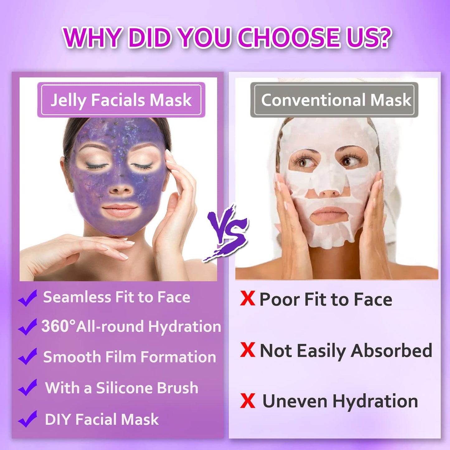 Ouhans Jelly Mask Powder for Facials,Lavender Jelly Masks for Facials Professional,Jelly Face Mask,Hydrating, Brightening & Nourishing,DIY SPA Rubber Mask,with double-ended silicone brush,23 Fl Oz