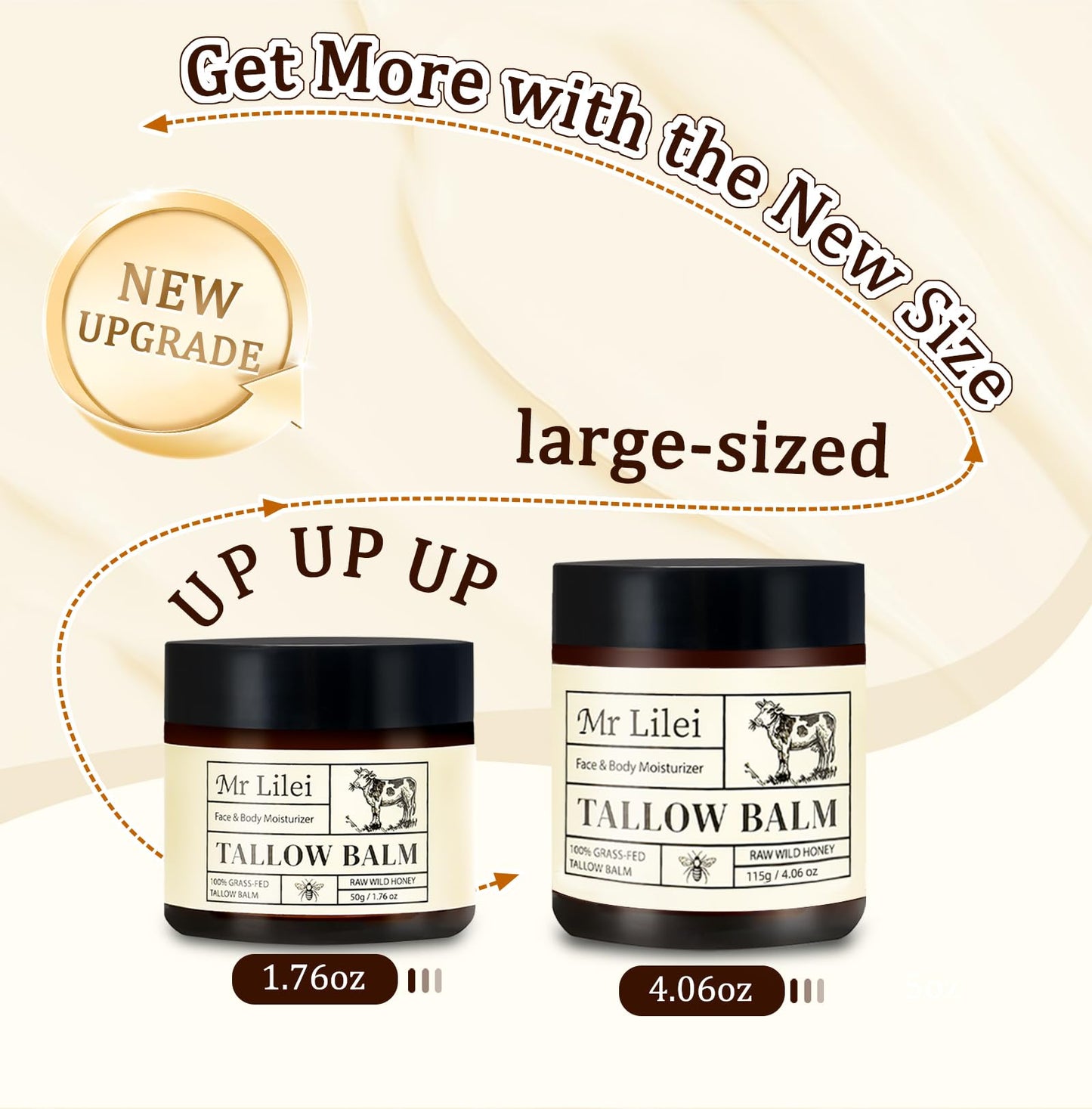 Lilei Beauty Beef Tallow for Skin, Grass-Fed Beef Tallow and Honey Balm, Whipped Body Butter & Face Moisturizer, Unscented Body Cream, Soothes Dry & Sensitive Skin