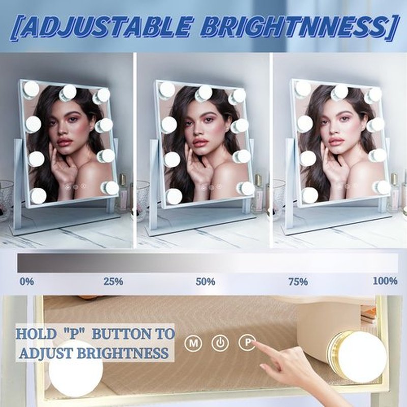 Acoolda Vanity Mirror with Lights, Hollywood Vanity Makeup Mirror with 9 Dimmable LED Bulbs, 3 Color Lighting Modes, Detachable 10X Magnification, 360°Rotation,White