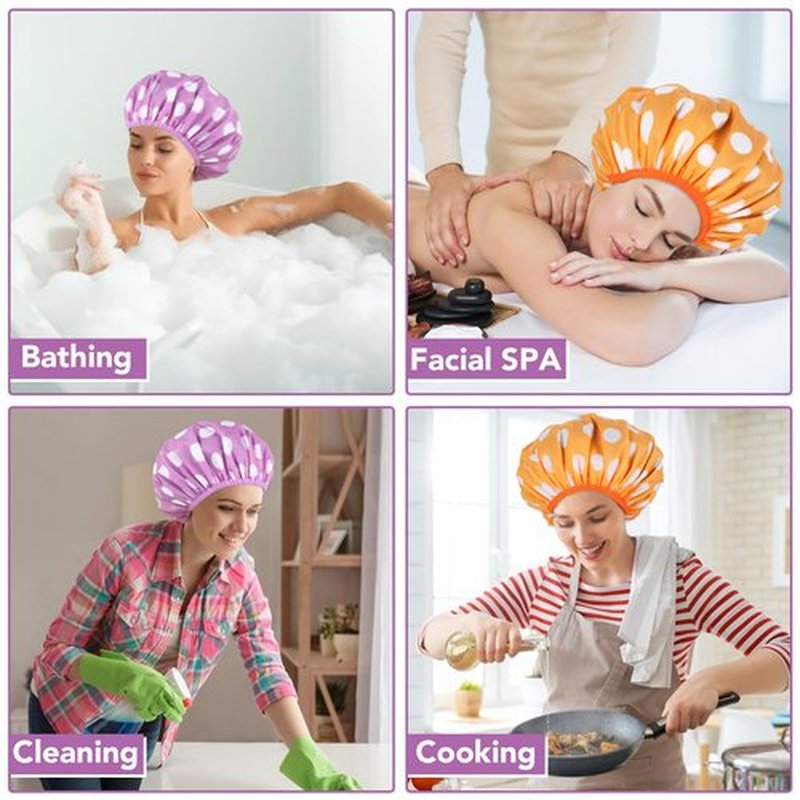 2 Sets Large Shower Caps for Women, Waterproof Shower Cap Double Layers Bath Caps Stocking Stuffers for Women Long Thick Hair (Purple/Orange)
