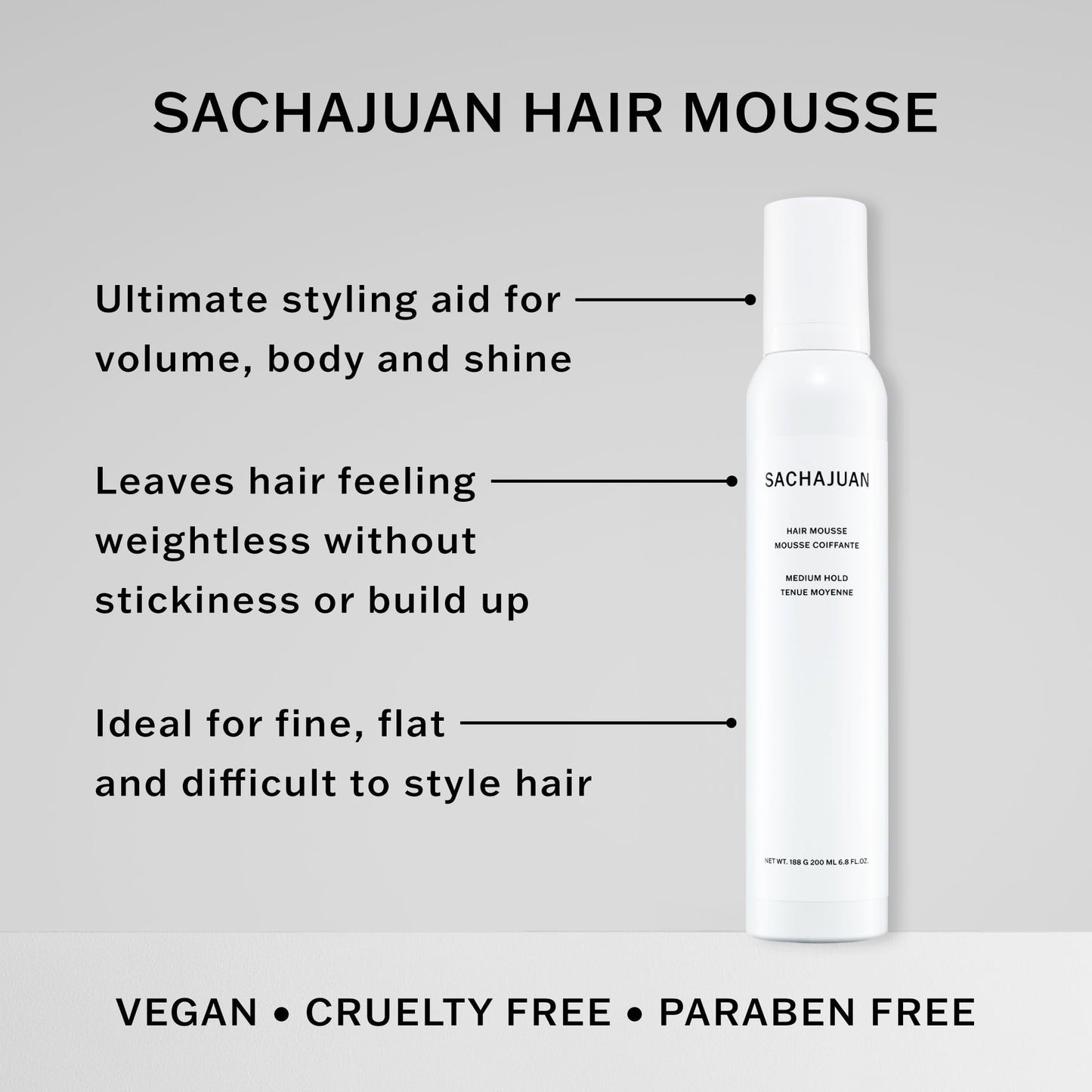 SACHAJUAN Hair Mousse | Lightweight Styling Mousse for Volume, Fullness & Shine | Soft Hold with Natural Movement | Smooth, Weightless Finish | For All Hair Types | 6.8 fl oz