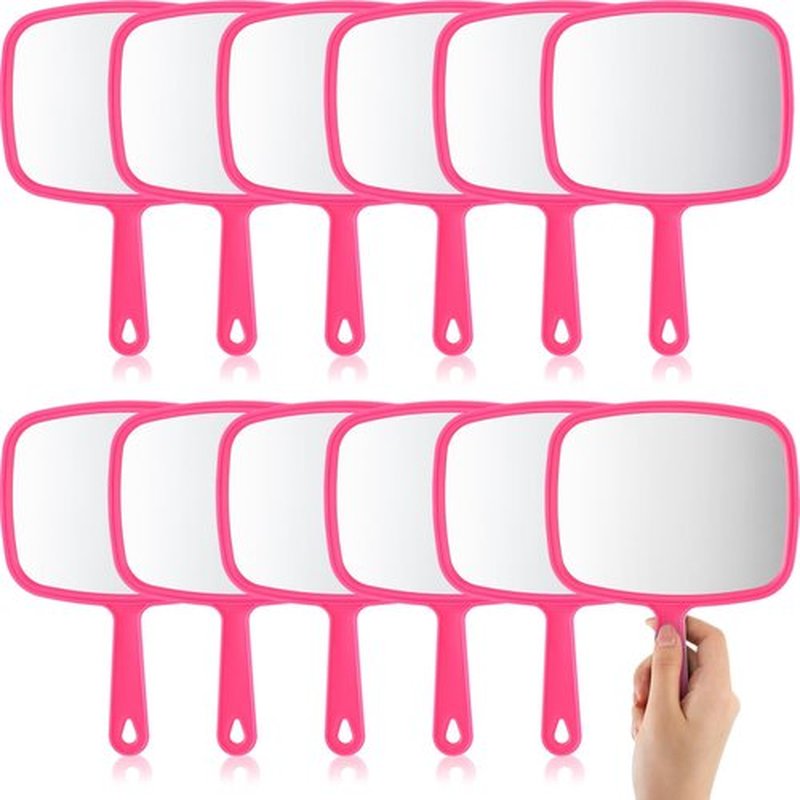 Geetery 12 Pcs Hand Mirror Handheld Cosmetic Mirror with Handle Makeup Mirror Wall Mount for Bathroom Home Barber Salon Travel Portable Beauty School Gift for Women Student 6.69 x 9.45 Inch (Rose Red)