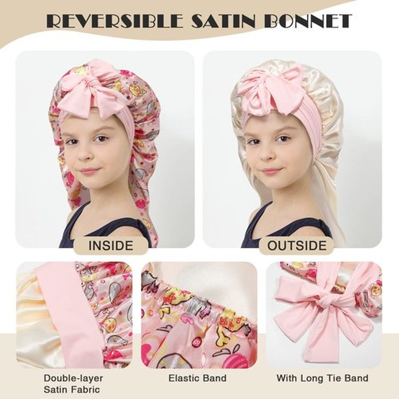 Kids Long Hair Bonnet for Sleeping - Double Layer Girls Elastic Satin Bonnet with Tie Band for Braid Curly Hair (Whales+Beige)