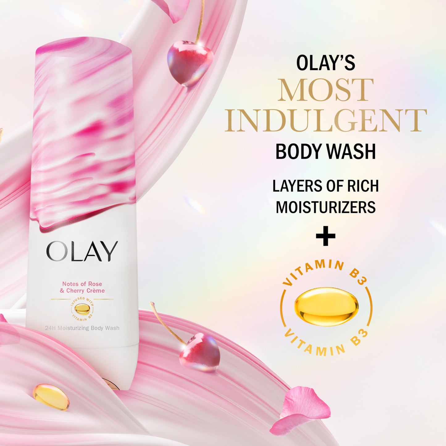 Olay Body Wash for Women,Indulgent Moisture,24hr Moisturizing & Nourishing Formula,Infused with Vitamin B3 Complex,Luxurious Fragrances,Rose & Cherry Creme Scent,20 fl oz,(Pack of 2)