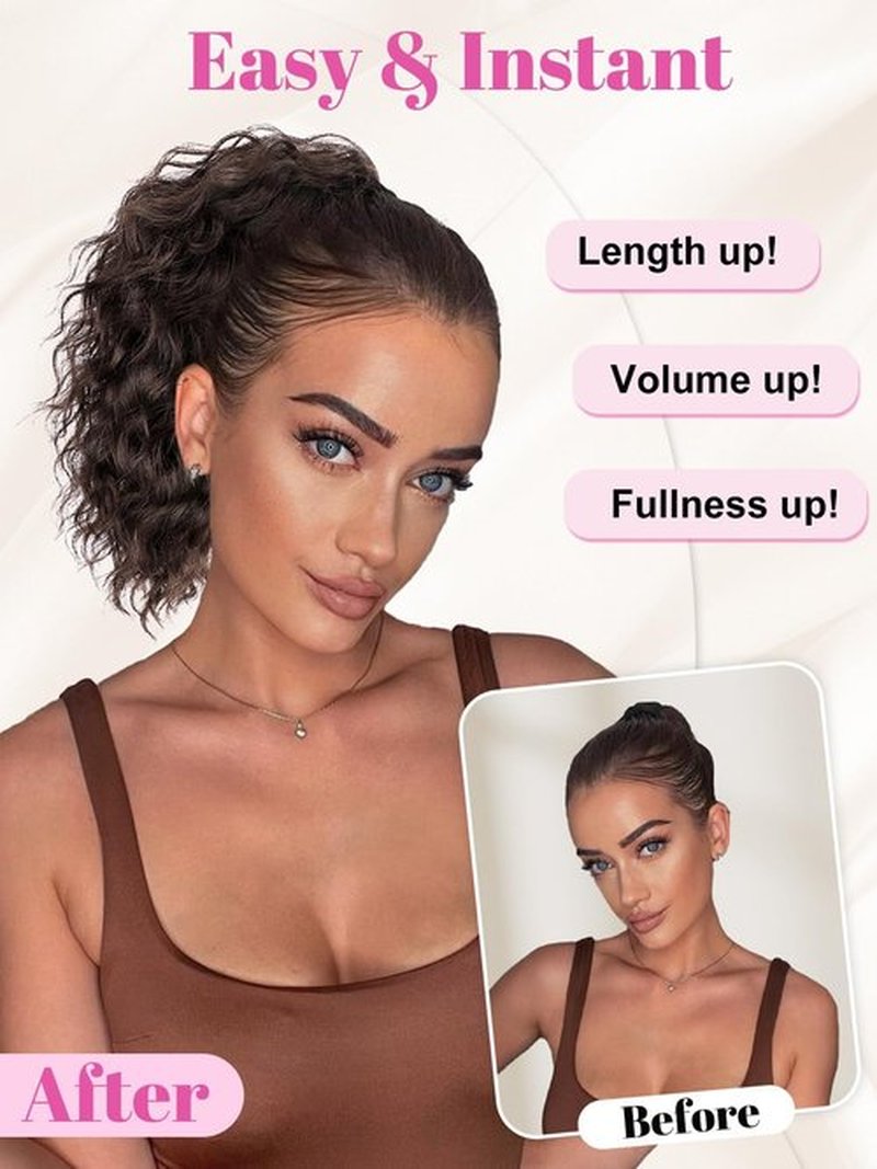 ALXNAN Wavy Curly Ponytail Extension, 8" Brown Drawstring Ponytai for Black Women Short Soft Natural Synthetic Hairpiece Thick For Daily Use