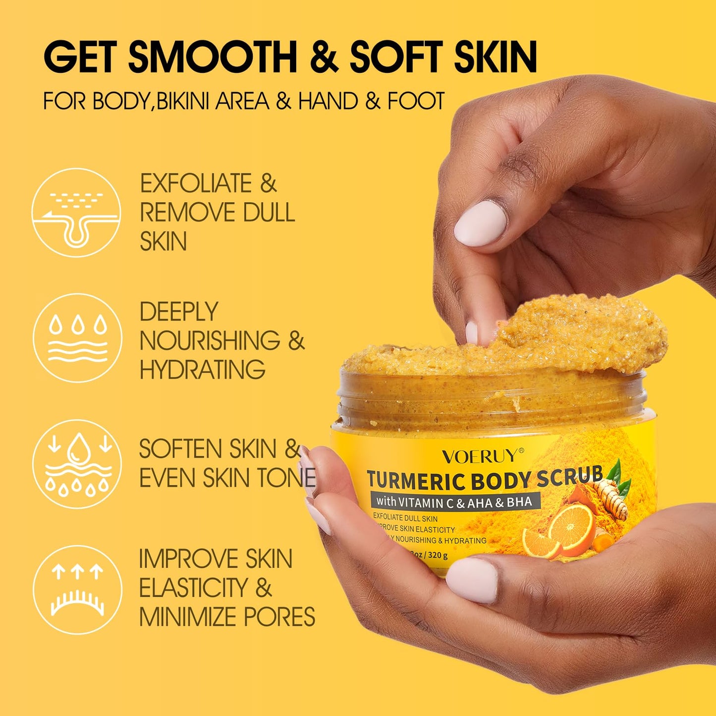 VOERUY Turmeric Body Scrub, 10% AHA/BHA & Vitamin C Exfoliating Body Scrub, Body Exfoliator for Body Hand Foot Bikini Area, Smooth & Moisturized Skin for Women and Men - 11.3oz