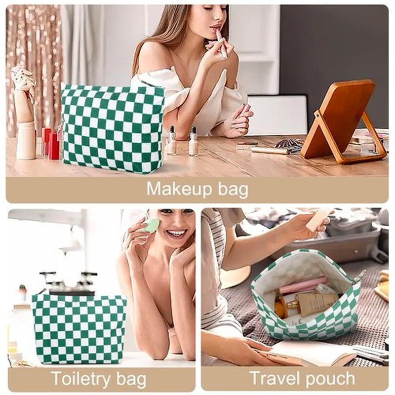 Wudimeitt Cosmetic bag Makeup bag Preppy Cute Corduroy Toiletry bag for women travel essentials (Plaid green)