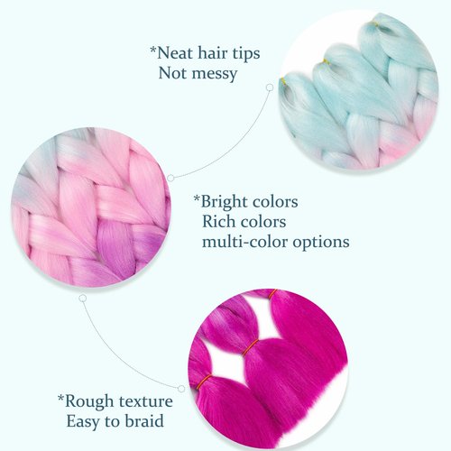 Maysa Rainbow Braiding Hair 24in Jumbo Braiding Hair 6Packs Soft Synthetic Colored Hair Extensions for Kids #Sky blue-Pink-Purple-Rose red