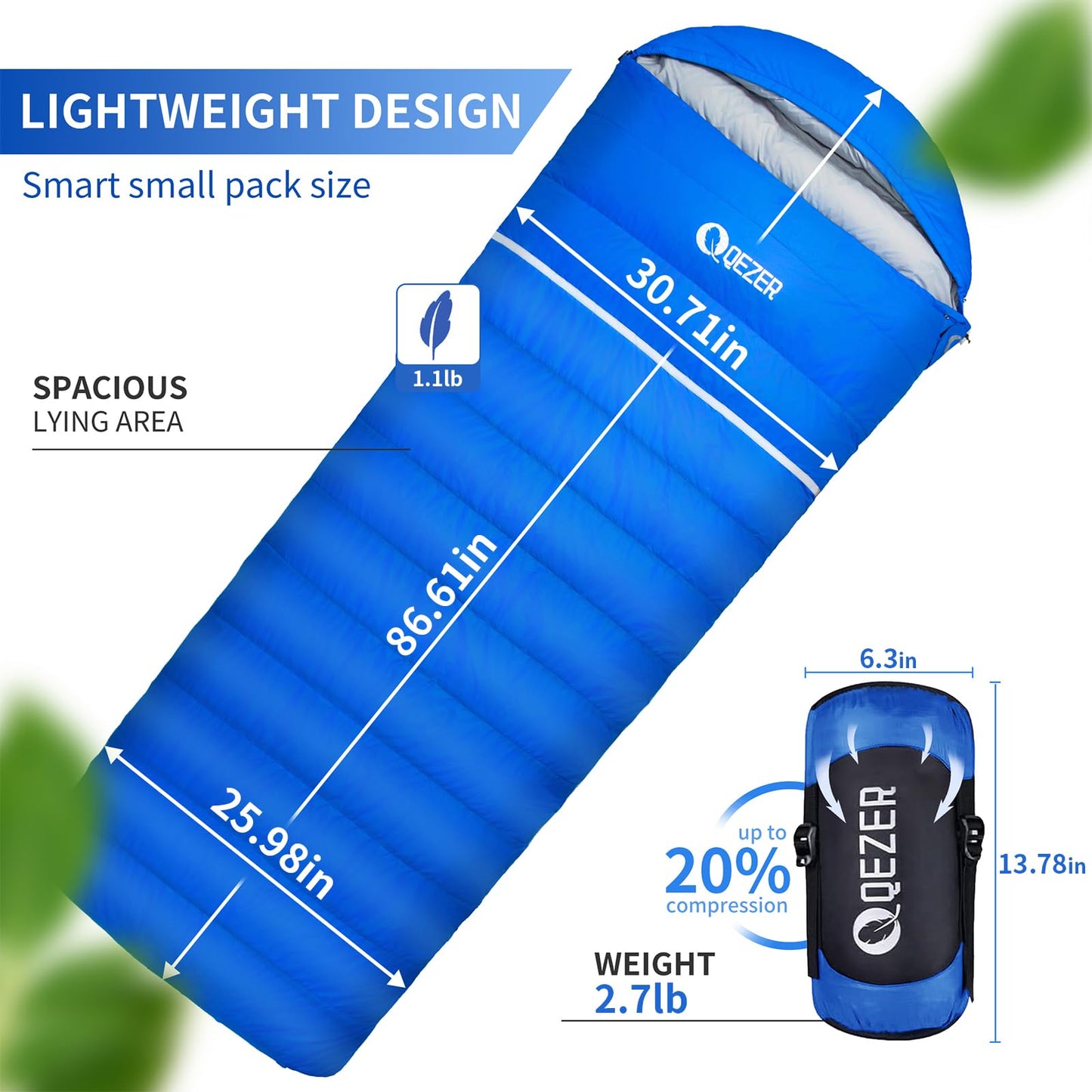 QEZER Down Sleeping Bag for Adults 600 Fill Power Cold Weather Ultralight Sleeping Bag with Pouch for Backpacking, Hiking, Camping