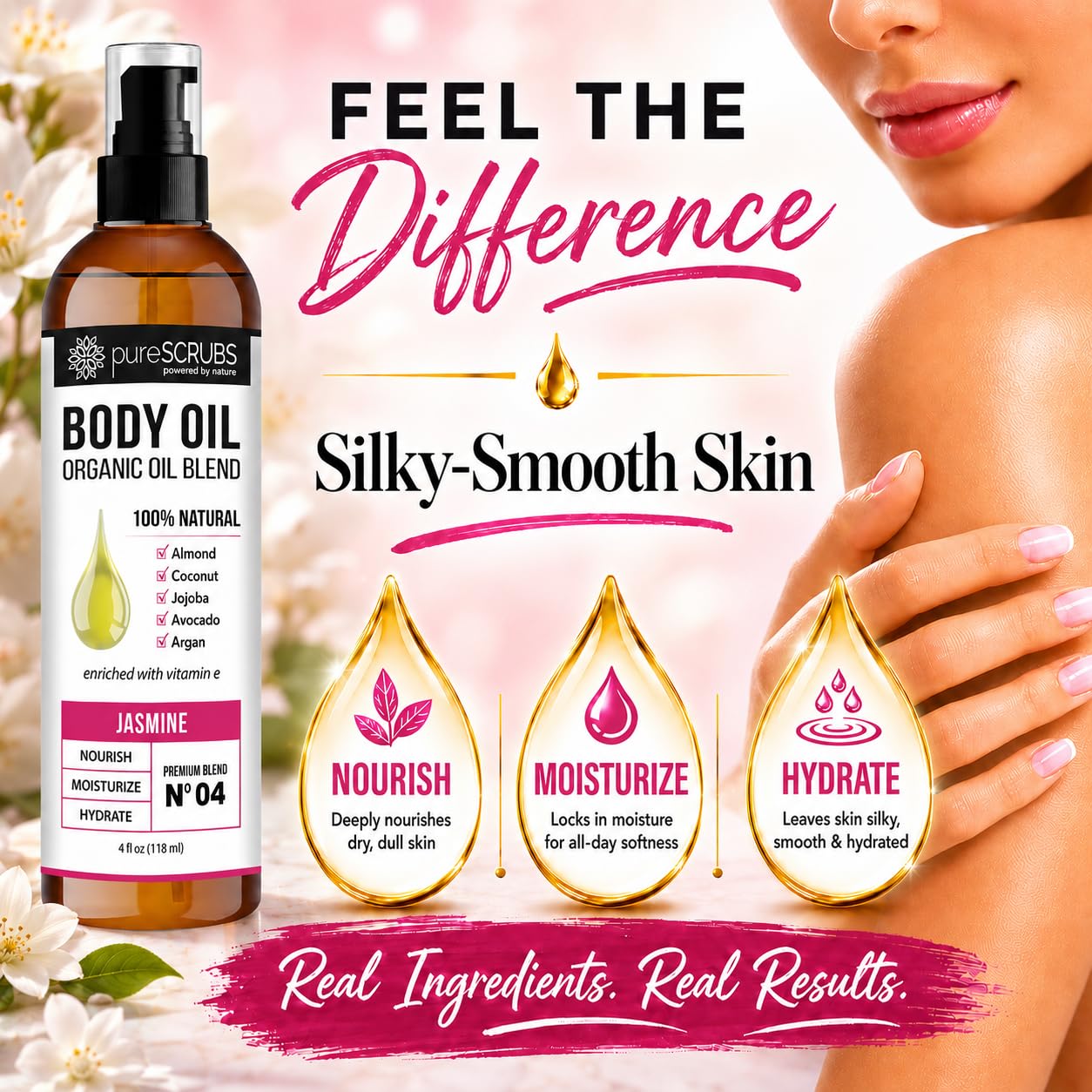 pureSCRUBS Ultra Moisturizing Jasmine Body Oil for Dry Skin, Lightweight Full Body Moisturizer for Soft, Silky Skin, Massage & Cuticle Oil, Vitamin E Enriched, 4 oz