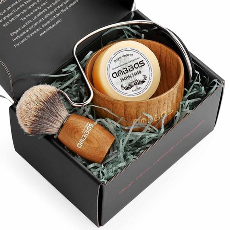 Anbbas 4in1 Shaving Set, Pure Badger Hair Shaving Brush Wood Handle and Large Soap Bowl,Stainless Steel Shaving Stand with 3.5OZ Natural Shaving Soap Puck Refill for Men