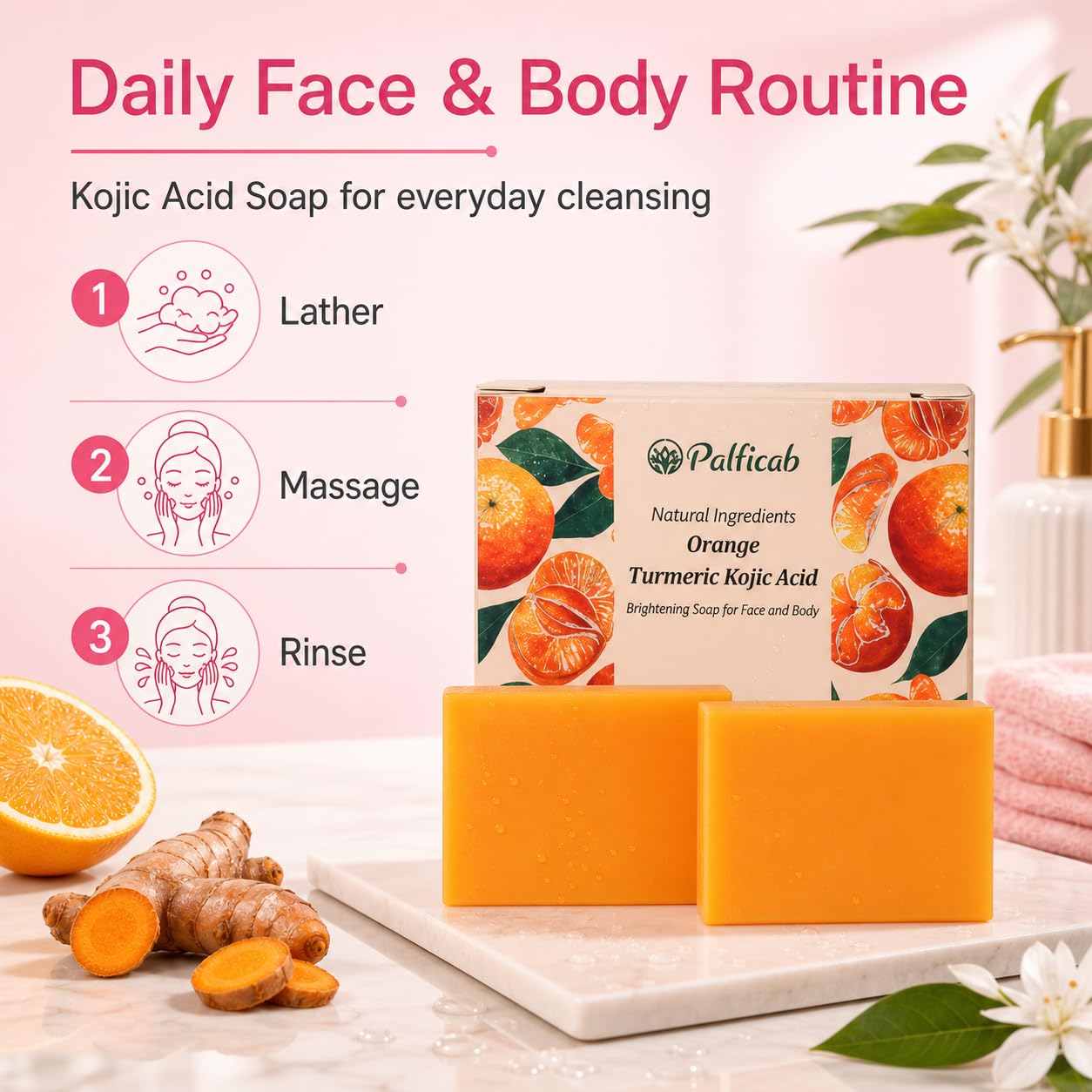 PALFICAB Kojic Acid Turmeric Soap for Dark Spots, 2 Bars with Foaming Net