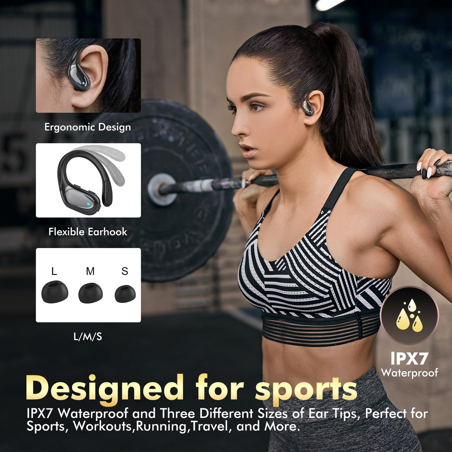 HAOYUYAN Sports Bluetooth Headphones, IPX7 Waterproof Earphones for Workout/Running, Noise Canceling Headset Ear Buds (Tech Black)