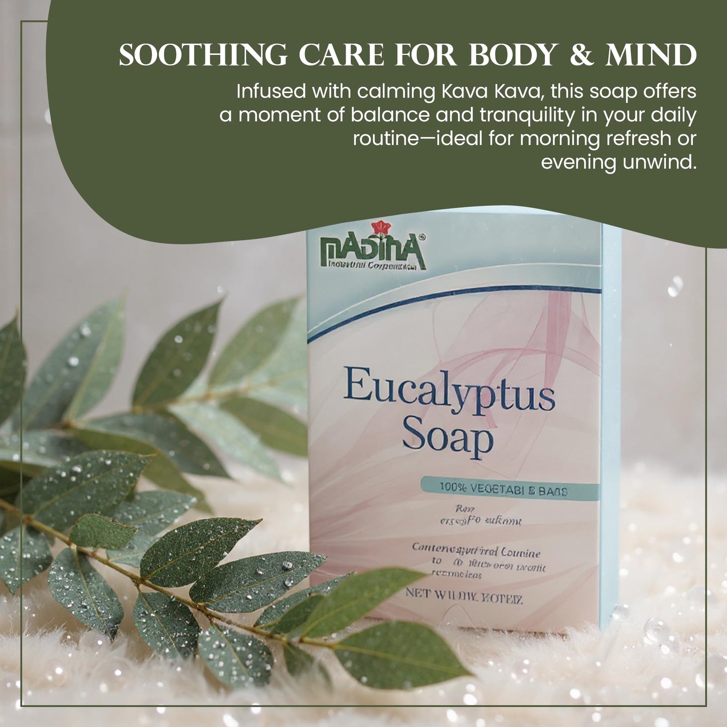 Madina Eucalyptus Soap Bar – Moisturizing, Invigorating, 100% Vegetable-Based, Cocoa Butter, Kava Kava Extract, Gentle Cleanser for Face & Body, 6 Pack (3.5 oz Each)