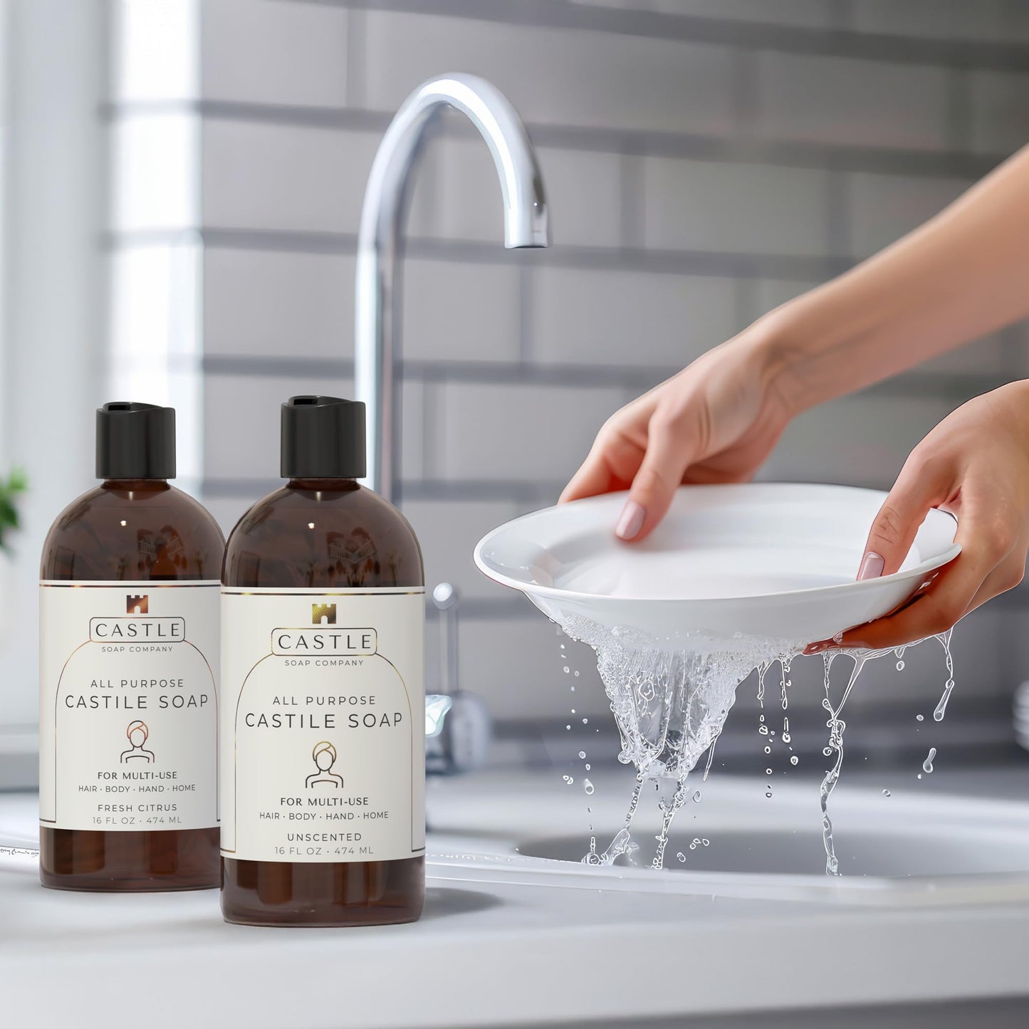 Castle Soap All-Purpose Castile Soap | Multi-Use Gentle Cleanser for Hair, Body, Hands, & Home | Nourishing Coconut Oil Formula | Sensitive Skin Friendly | Hydrating Lather | 16 oz | Fresh Citrus