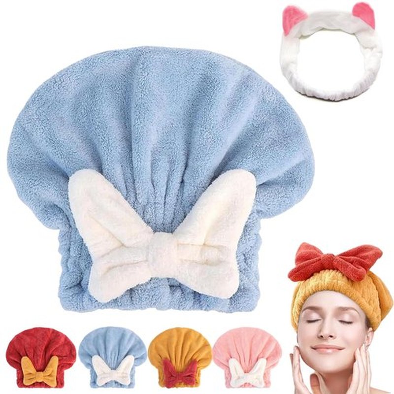 GDSAFS New Super Absorbent Hair Towel Wrap for Wet Hair, Efficient Absorbent Hair Towel Wrap, Microfiber Hair Towel Wrap, Quick-Drying Thickened Soft Bow Tie Wet Hair Towel Wrap for Women (Blue)