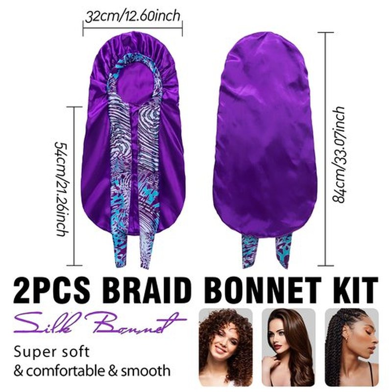 2Pack Bonnets for Black Women Braid Bonnet, Large Long Bonnet Satin Bonnet for Braids,Black Women Silk Bonnet with Stretchy Tie Band Braid Bonnet for Sleeping Extra Long (Black & Purple Pattern)