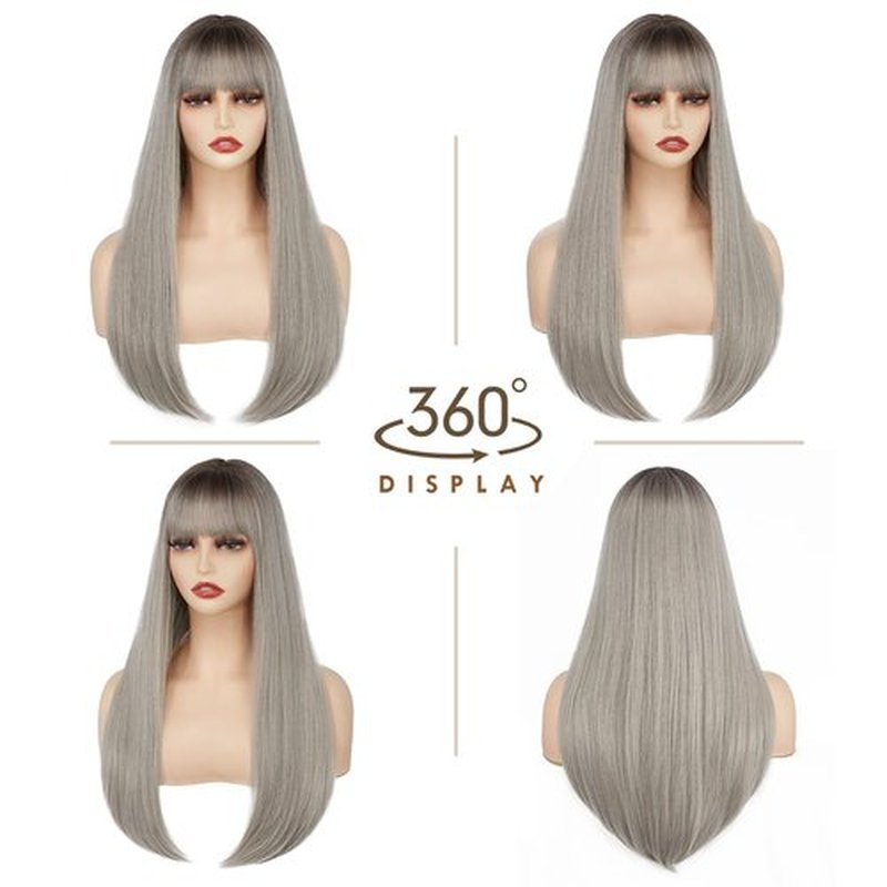 ENTRANCED STYLES Ombre Gray Wig with Bangs Long Straight Mixed Gray Wigs for Women Cosplay Wigs for Girl Natural Hairline Heat Resistant Synthetic Wig for Cosplay Halloween Party Daily