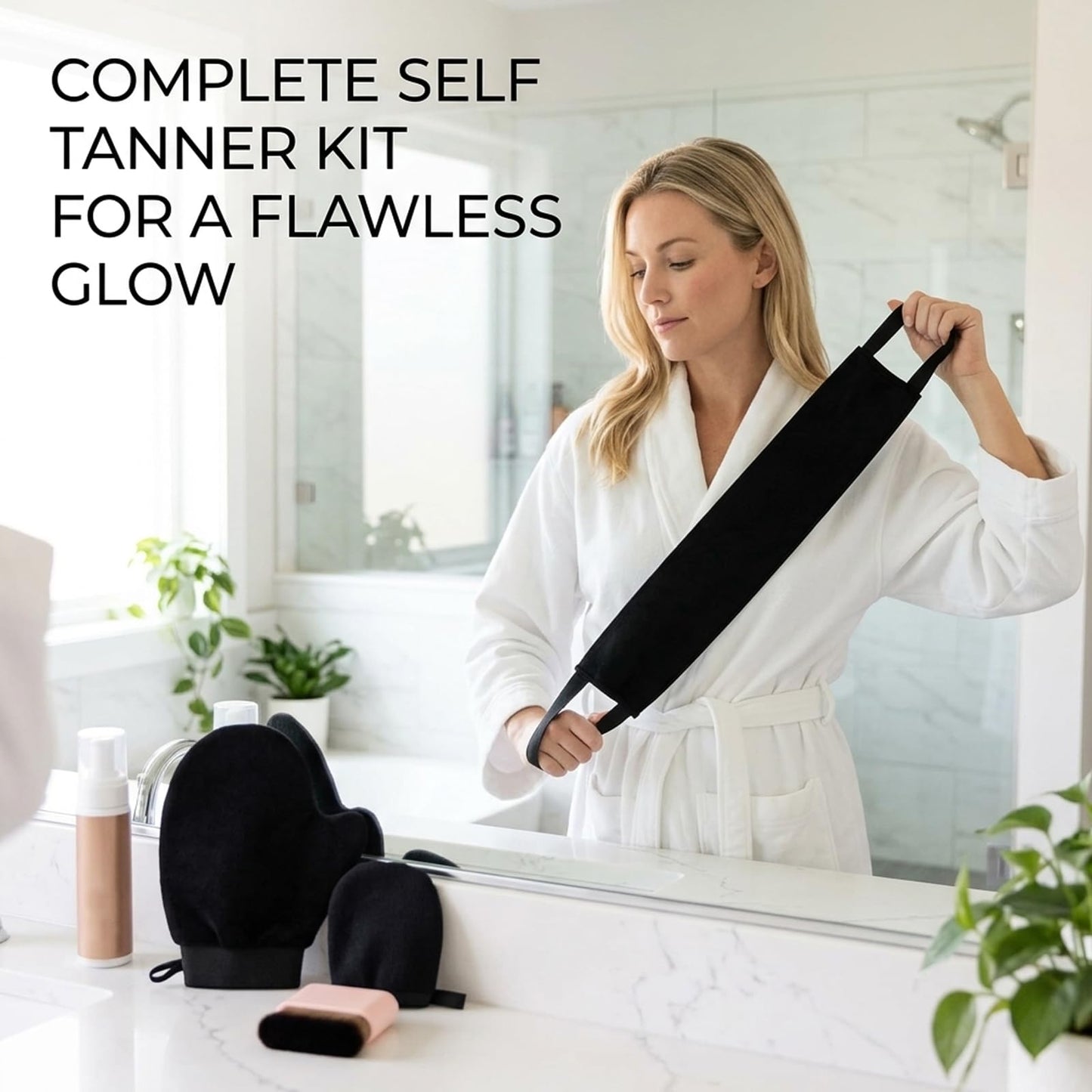 Self Tanner Mitt, Back Tanning Applicator, 4-Piece Self Tanner Kit with Adjustable Strap and Body Brush for Even Application, Made from Durable Polyester Material