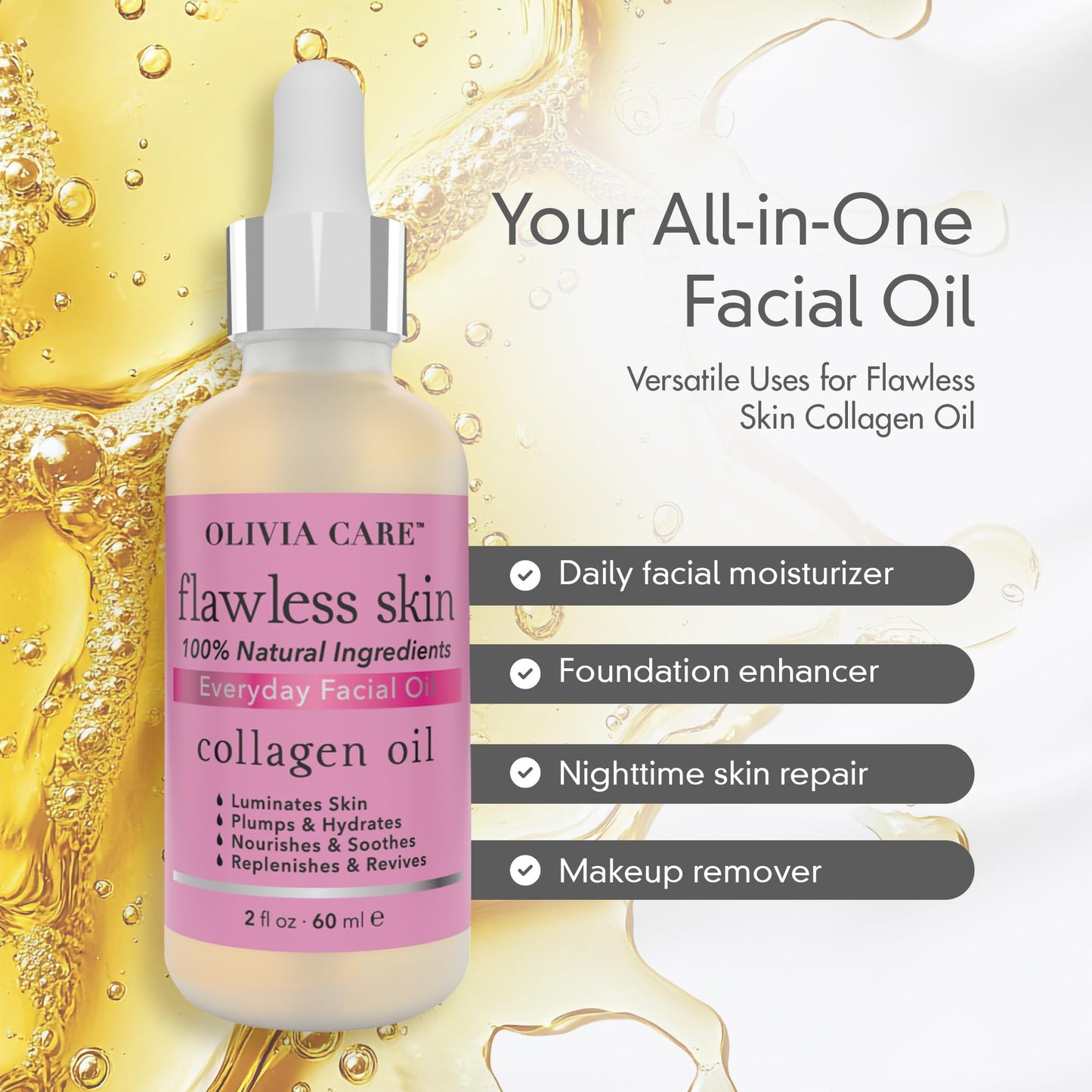 Olivia Care Flawless Essential Facial Oil 100% Natural. Nourishing, Plump, Reviving, Hydrating, Calming & Soothing. Stabilize & Retain Moisture
