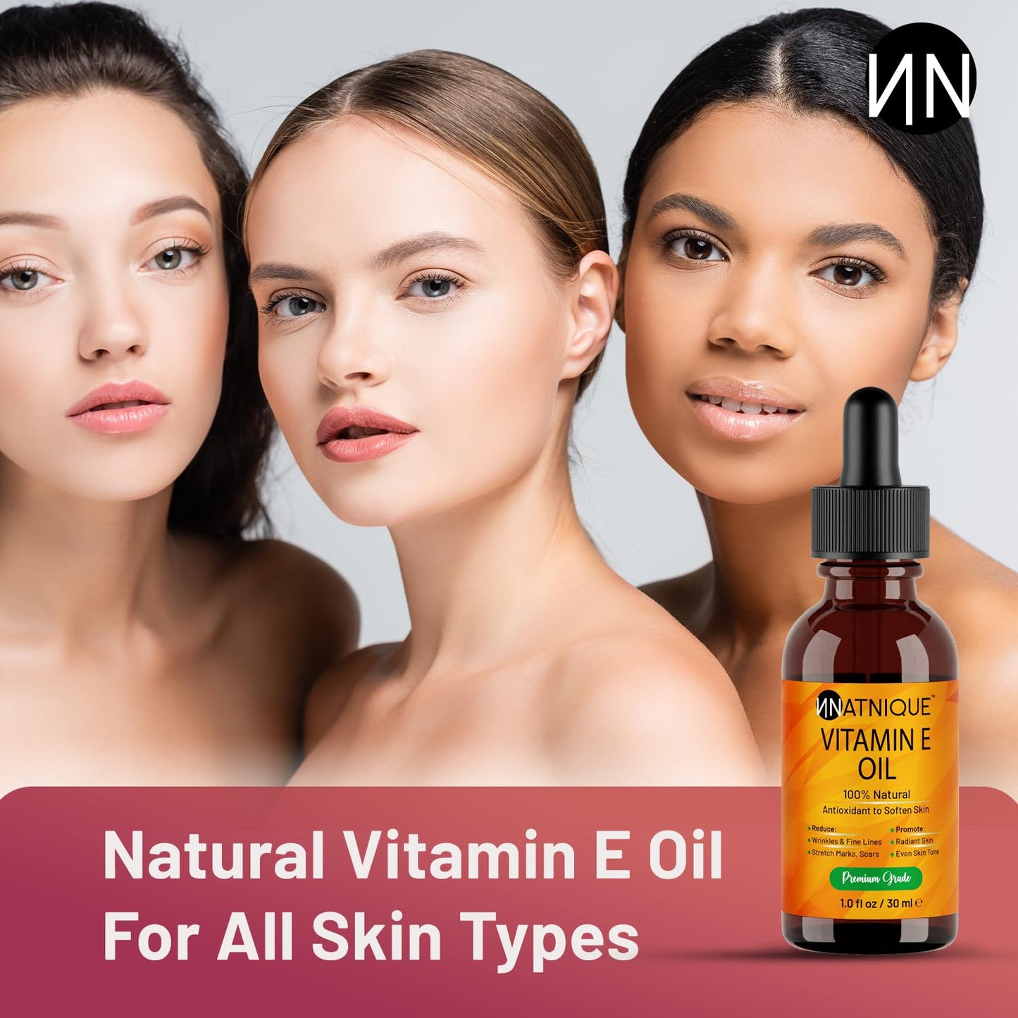 Natnique Vitamin E Oil 1 oz – Natural D-Alpha Tocopherol for Face, Skin, Hair & Nails – Pure, Non-GMO Moisturizer for Scars, Stretch Marks & Dry Skin – Cold-Pressed Carrier Oil for Body & Beauty Care