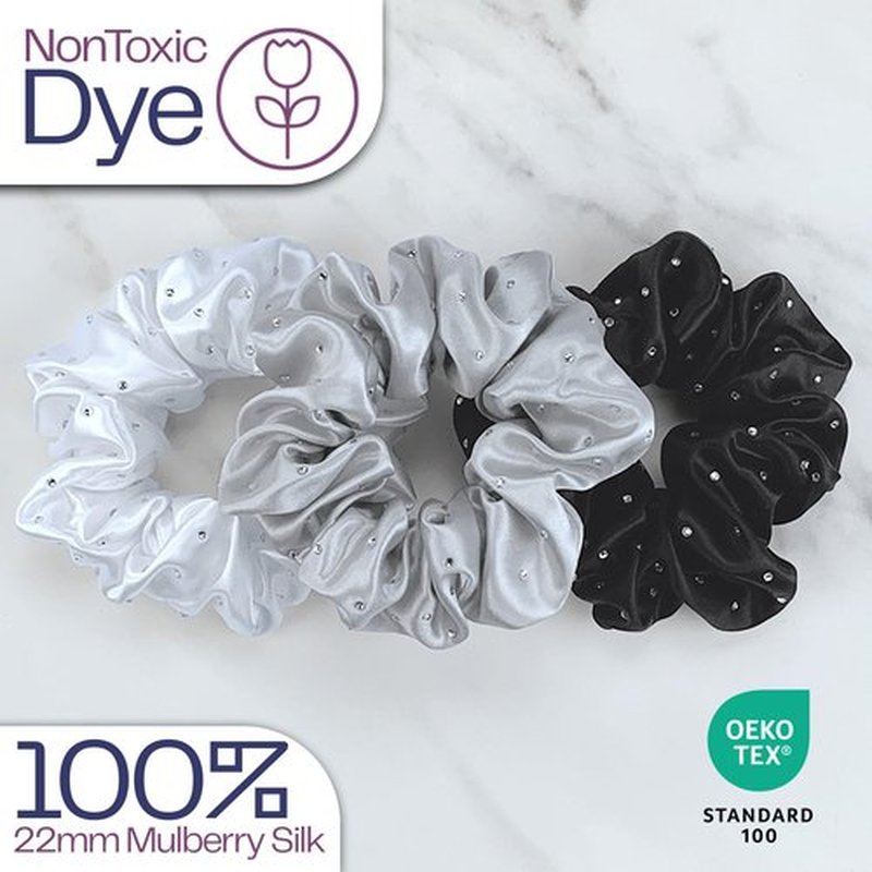 Celestial Silk Mulberry Silk Scrunchies for Hair (Black, Silver, White with Rhinestones)