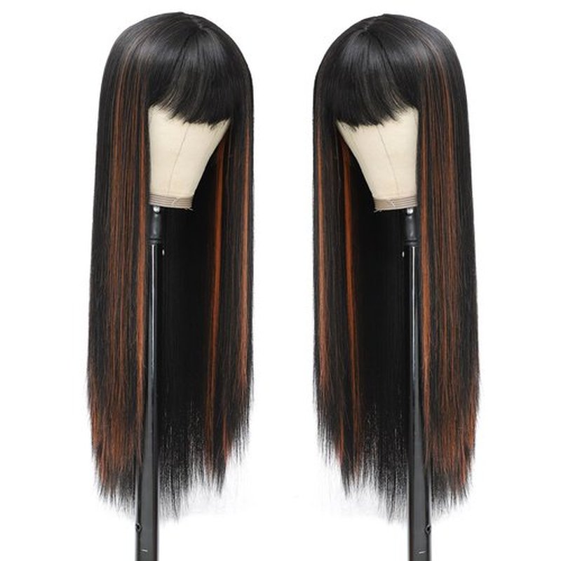 Amarlis Black with Orange Wigs for Women, Long Straight Stripes Color Wigs with Bangs, Natural Looking Soft Synthetic Fiber Wig for Daily Party