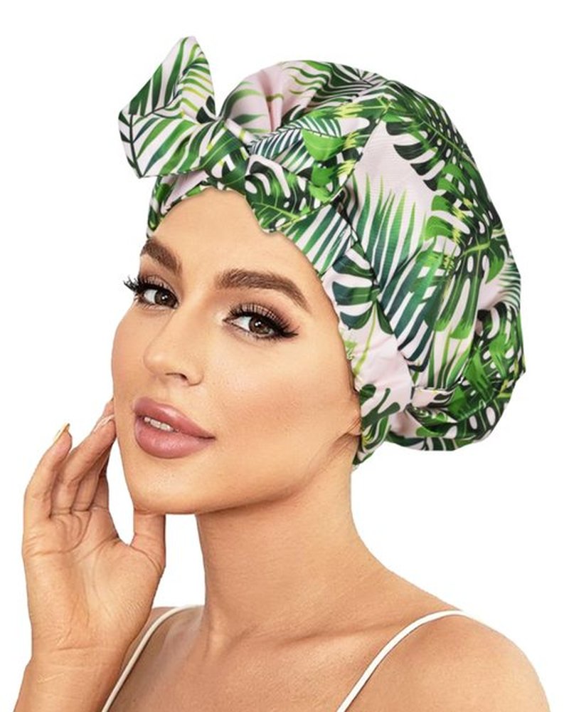 Luvruitaky Shower Cap Luxury Shower Caps for Women Reusable Waterproof Hair Cap for Shower with Adjustable Bowknot Hair Bath Cap (Green Palm)