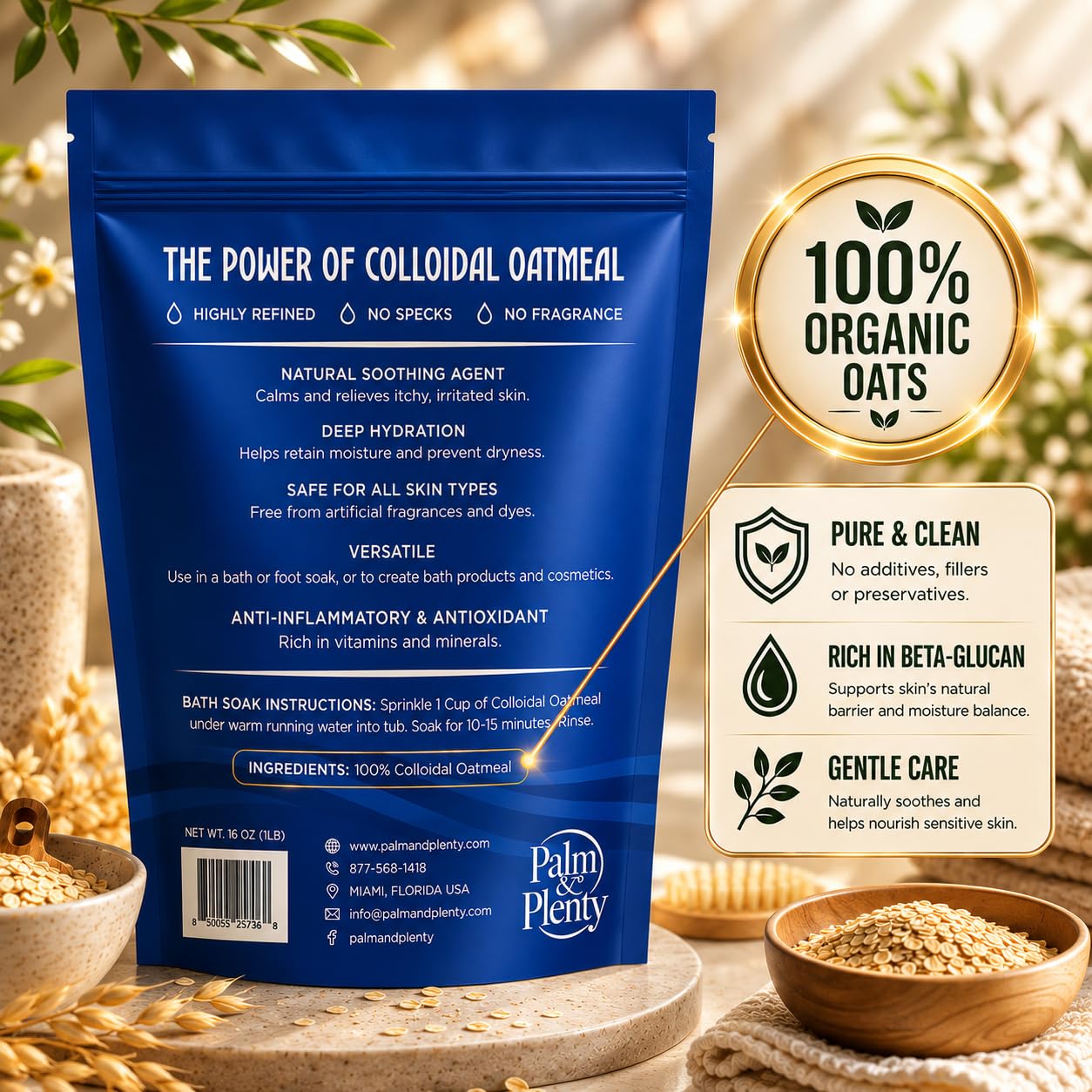 Palm and Plenty 100% Pure Colloidal Oatmeal - Unscented, DIY Bath Products, Skincare, Cosmetics, Natural Oatmeal Bath for Itching, Soothing Agent for Itchy, Irritated Skin - 2 Pack (32oz)