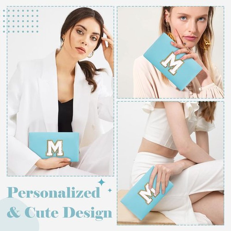 Small Personalized Initial A-Z Preppy Patch Makeup Bag,PU Chenille Letter Travel Cosmetic Pouch with Zipper,Blue Cute Toiletry Bag,Gift Ideal for Teen Girls Women Teacher Bridesmaid,Letter M