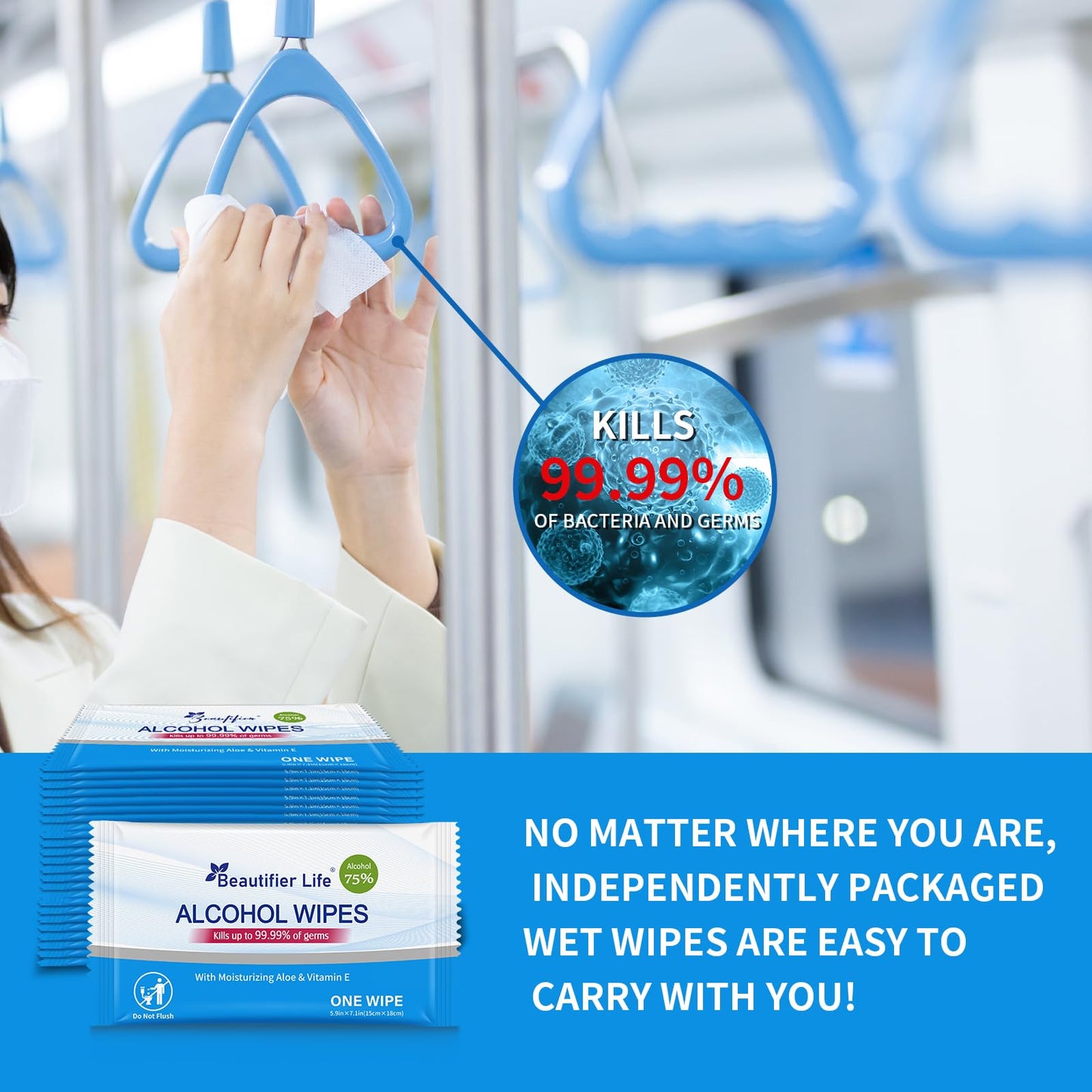 Beautifier Life 100 Count Individually Packed Hand Sanitizing Wipes - 75% Alcohol Formula with Aloe, Moisturizer, and Vitamin E - Premium Sanitizer for Travel, Home, Office, and School Use