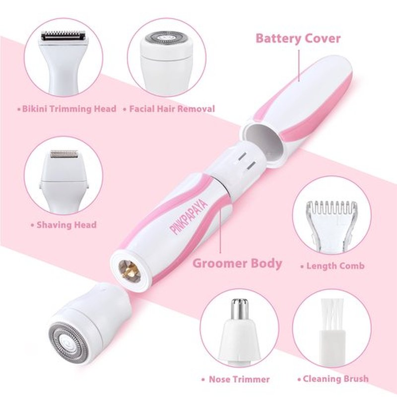 Pinkpapaya Electric Bikini Trimmer for Women,4 in 1 Electric Shaver for Women, Pubic Hair Trimmer and Facial Hair Remover Removal,Face Razors & Nose Hair Trimmer,Women's Grooming Kit,Peach/qby7