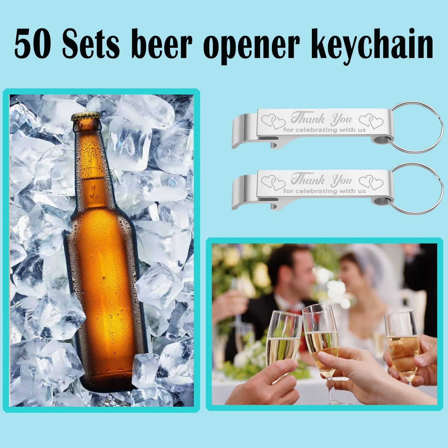 50 Sets Wedding Favors Beer Opener Keychain Thank You Cards Organza Bags and Jute Twine for Birthday Wedding Party Father Day Gifts (50)