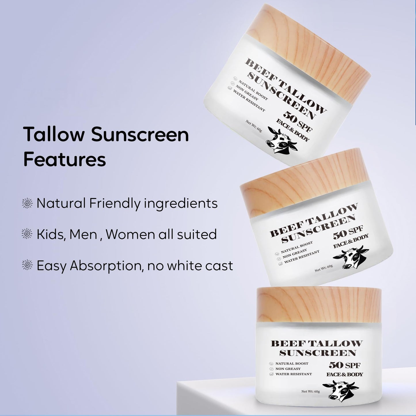 Scosvvi Tallow Sunscreen SPF 50: zinc oxide sunscreen non toxic Sunblock -Face & Body Sun Protection for Adults & Kids- 2 oz