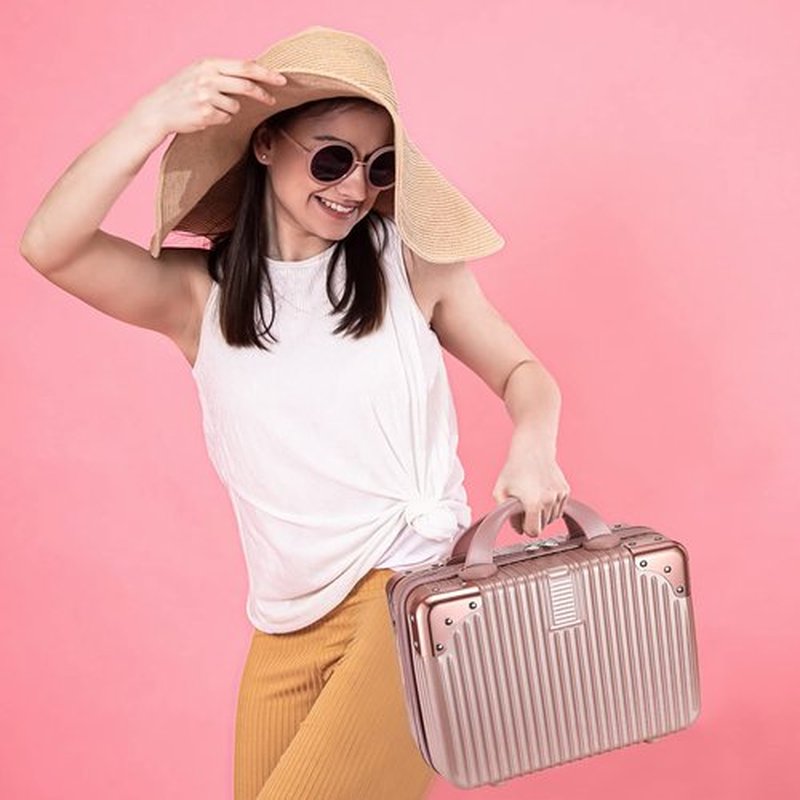 Noverlife Portable Makeup Travel Case Hand Luggage 12 Inch, Pressure-proof ABS Carrying Makeup Case Suitcase with Elastic Band, Small Hard Shell Cosmetic Case for Travel Camping Women Girl - Rose Gold
