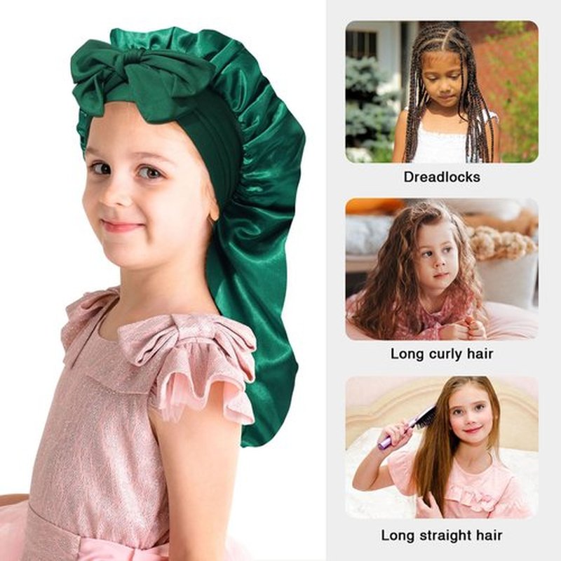 Kids Long Hair Bonnet for Sleeping - Double Layer Girls Elastic Satin Bonnet with Tie Band for Braid Curly Hair (Green)