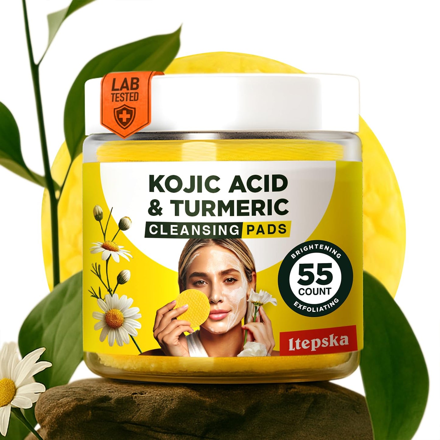 LTEPSKA Turmeric Kojic Acid Cleansing Pads, 55 Pcs Kojic Acid and Turmeric Cleansing Pads, Exfoliating Dark Spot Remover for Face with Vitamin C, For Brightening