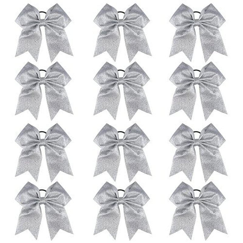 DEEKA 12 PCS 7" Large Glitter Cheer Bows Shiny Cheer Hair Bows Ponytail Holder Handmade for Cheerleader Girls Softball Sports -Silver