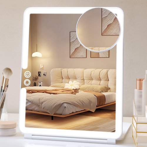 FUNTOUCH 1800mAh Rechargeable Large Travel Makeup Mirror with Lights, 10x7.5 Portable Lighted Makeup Mirror with 3 Color Lights, Dimming Folding Light Up Travel Mirrors with 10X Magnifying Mirror