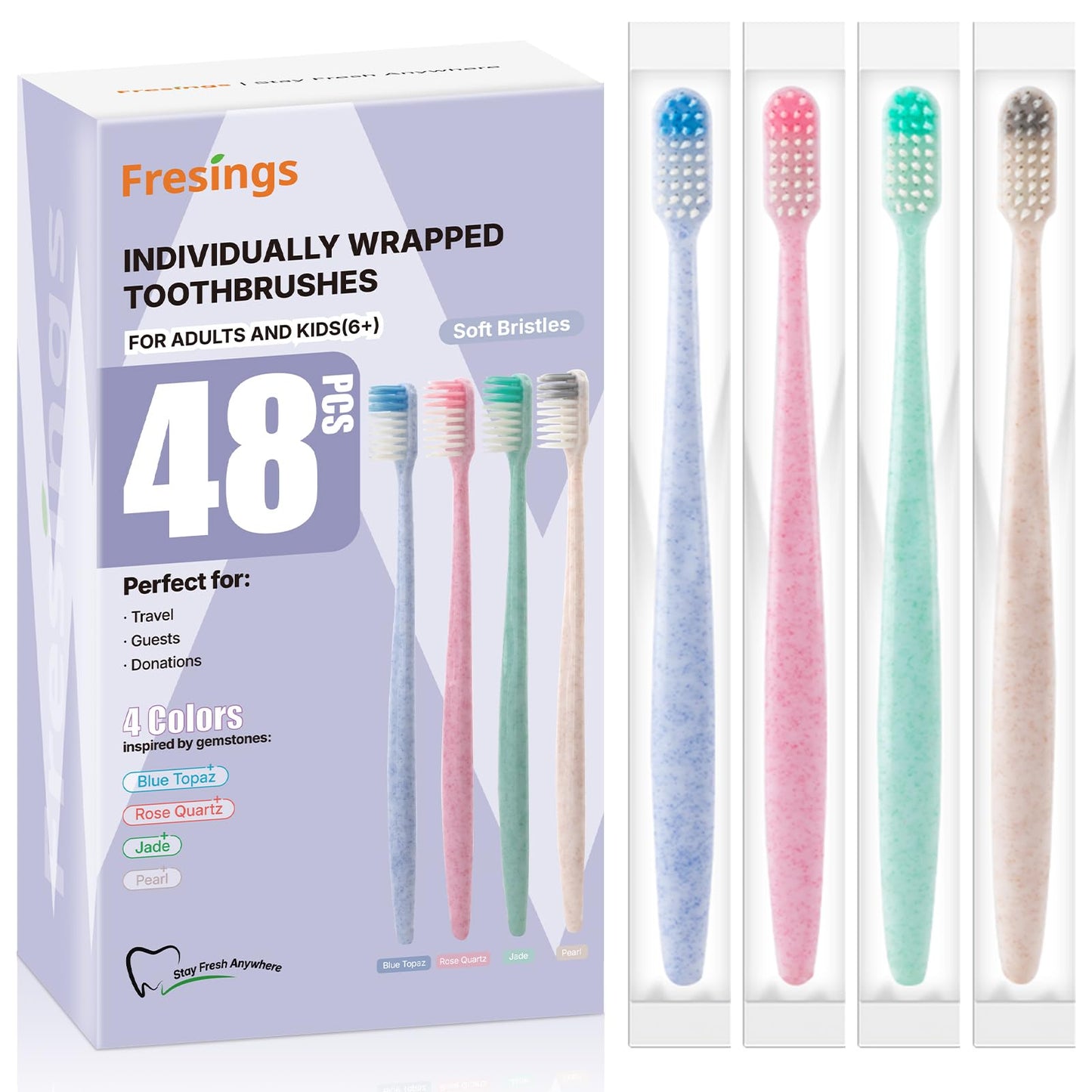 Fresings 48-Pack Disposable Toothbrushes Individually Wrapped, Soft PBT Bristle Bulk Portable Travel Toothbrushes for Adults & Kids, Guest Bathroom, Hotel, Camping, Donation - 4 Gemstone Colors