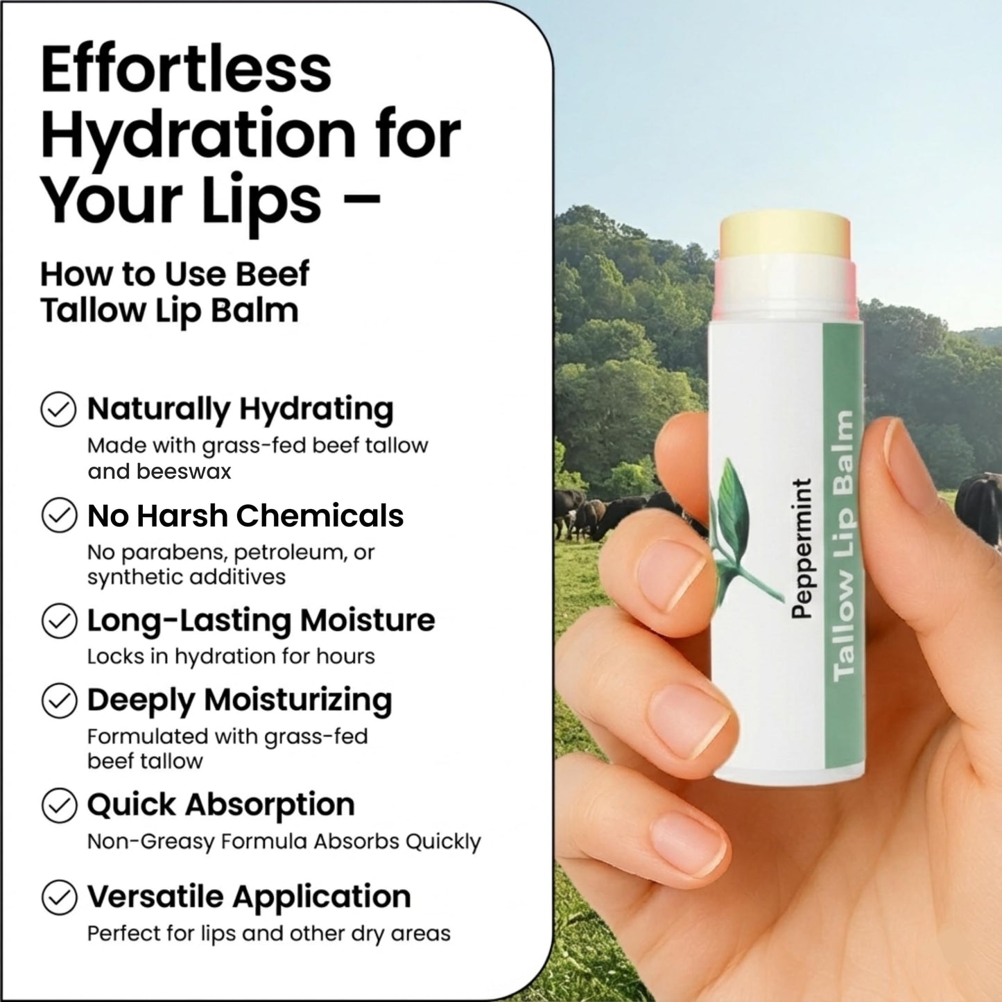 Tallow Lip Balm by Cattle Creek – All-Natural Ingredients, Long-Lasting Moisture and Hydration for Dry, Cracked, and Chapped Lips, Soothing Formula for Soft Skin (Pack of 3, Peppermint)